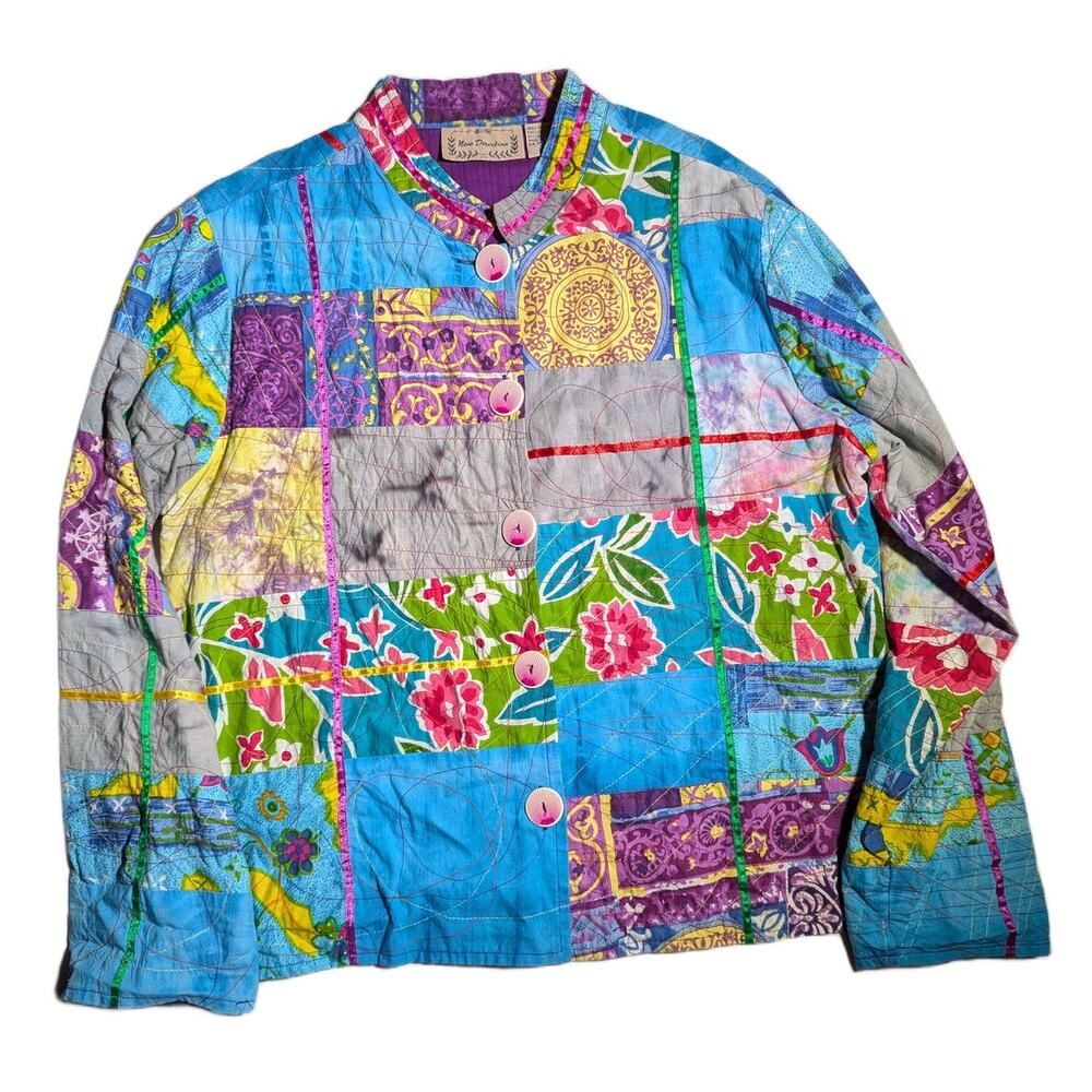 Vtg 1990s New Direction Blue Purple Patchwork Floral Mandarin Collar Jacket Sz L